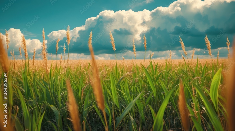 Poster lush green grass field with tall golden grasses under a cloudy blue sky with copy space for text ins