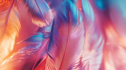 Vividly colored feathers creating a soft and ethereal background, showcasing a blend of pink and blue hues for artistic expression