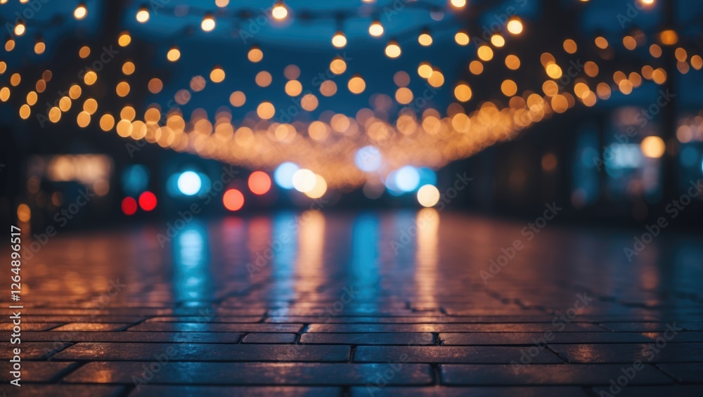 Poster Nighttime urban scene with illuminated string lights creating a bokeh effect over wet cobblestone pavement with reflections and copy space.