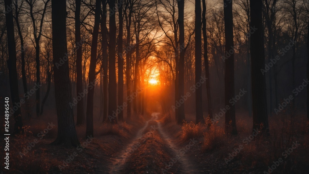 Poster Sunset through trees on a forest path with warm orange light and fog creating a serene atmosphere Copy Space