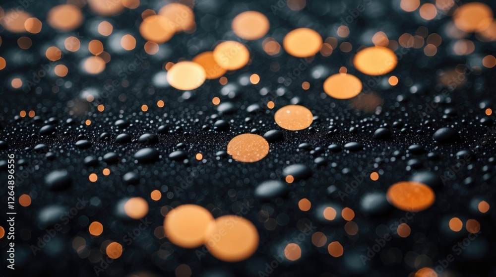 Fototapete Close-up of orange bokeh circles on a dark background with water droplets creating a textured surface and reflections Copy Space