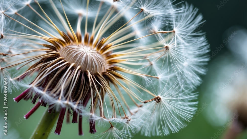 Poster close-up of dandelion seed head with white fluffy seeds and blurred green background detailed macro 