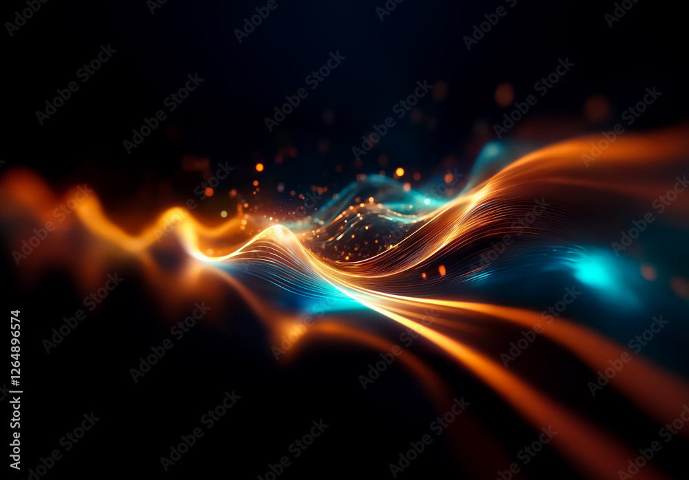 Poster Vibrant orange and blue light waves flow on a dark backdrop. Glowing lines create a dynamic, smooth motion effect with bokeh highlights.