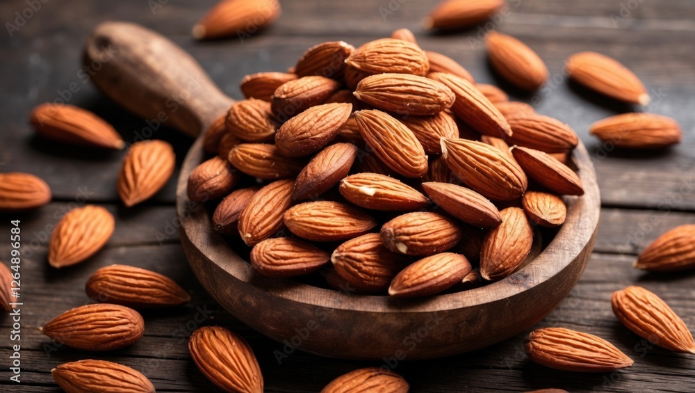 Poster raw almonds in a wooden bowl with scattered almonds on a rustic wooden surface copy space