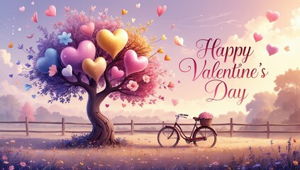 Naklejka premium Curved Heart Tree with Vintage Bicycle in a Romantic Valentine's Day Setting