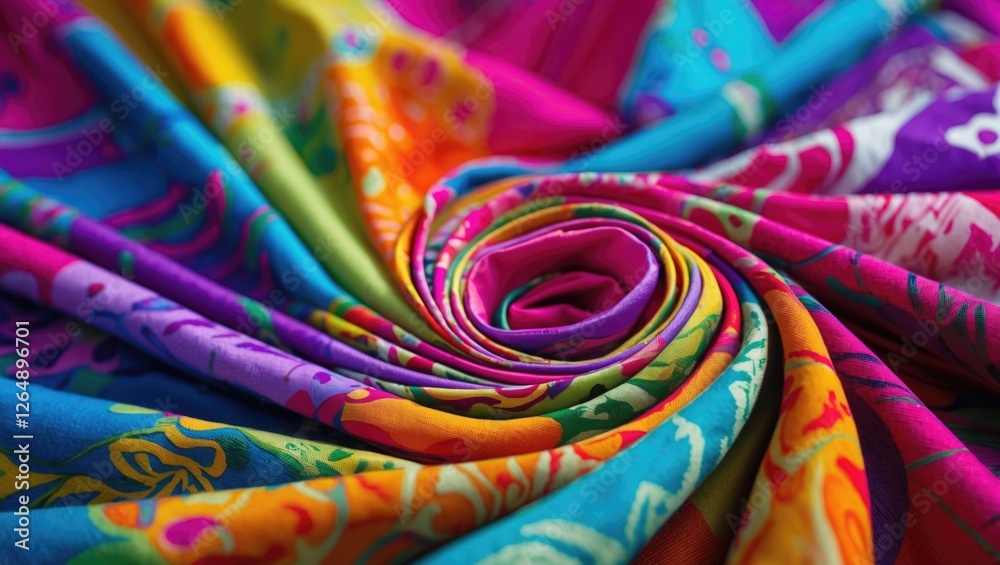 Aufkleber Colorful vibrant fabric swirling in circular pattern showcasing intricate designs and textures suitable for textile presentations and design projects.