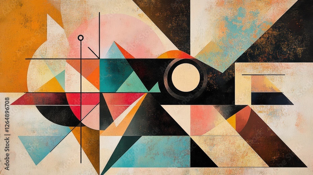 Poster a modern, angular composition featuring intersecting lines and shapes such as triangles and squares,