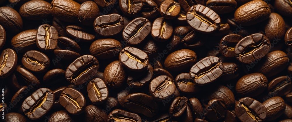 Poster close-up of roasted coffee beans on dark background with detailed texture and grain copy space