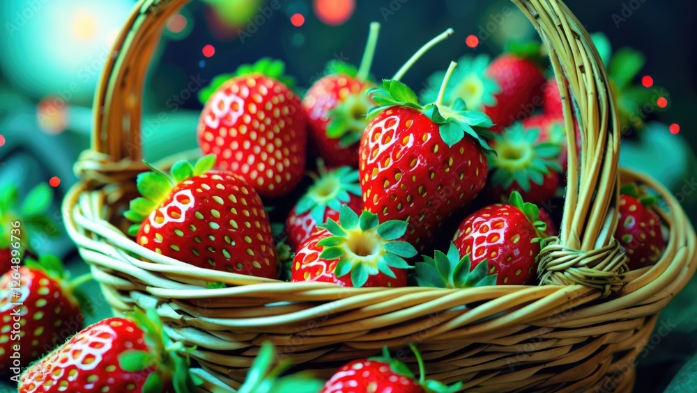 Poster freshly harvested ripe strawberries in a woven basket with some unripe berries surrounded by a color