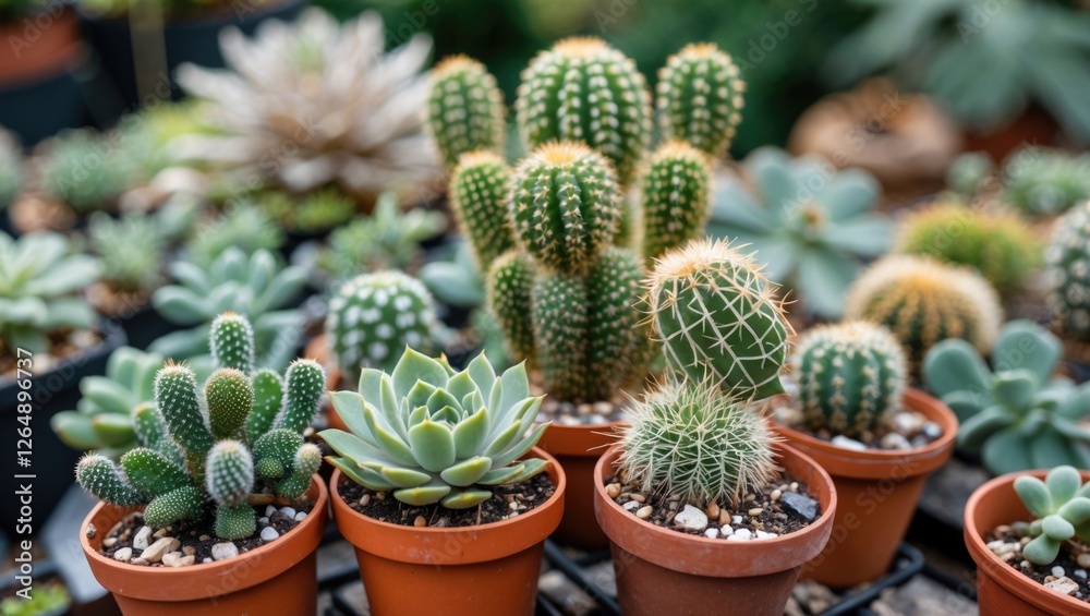 Aufkleber Assorted cacti and succulents in terracotta pots arranged on a display table in a greenhouse environment Copy Space