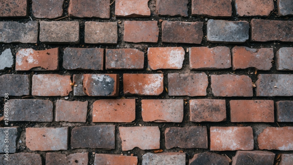Poster close-up view of a textured brick wall with various shades of red and gray bricks and visible mortar
