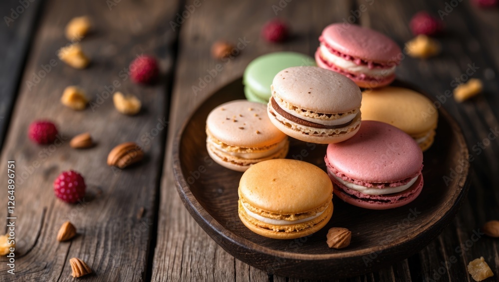 Aufkleber colorful macarons served on a wooden plate with raspberries and nuts scattered on rustic wooden back