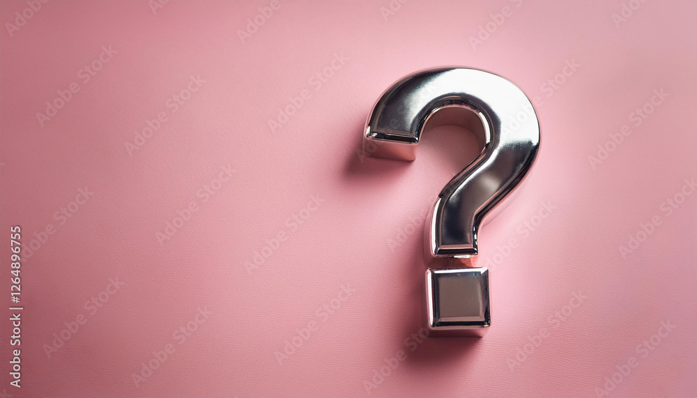 Poster shiny silver or chrome question mark on pink background. faq and qa. problem solution.