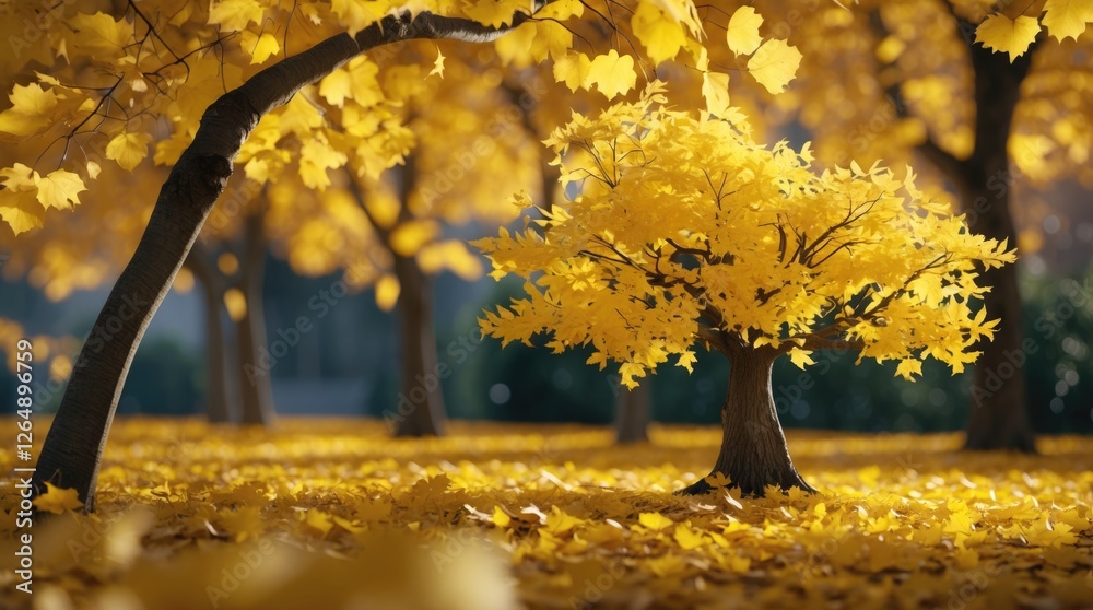 Poster autumn landscape featuring vibrant yellow leaves covering a ground in a serene park setting with tre
