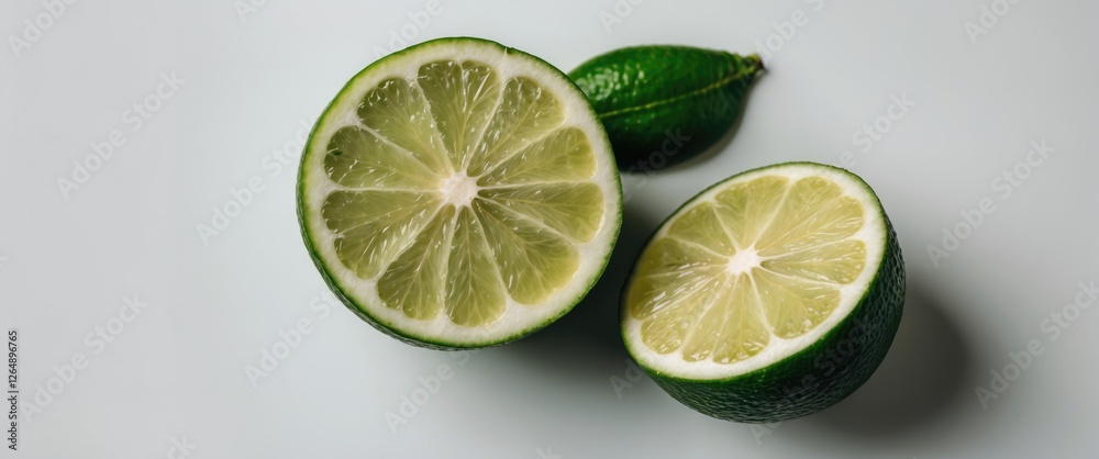 Poster freshly cut lime halves with whole lime on a light surface displaying vibrant green color and textur