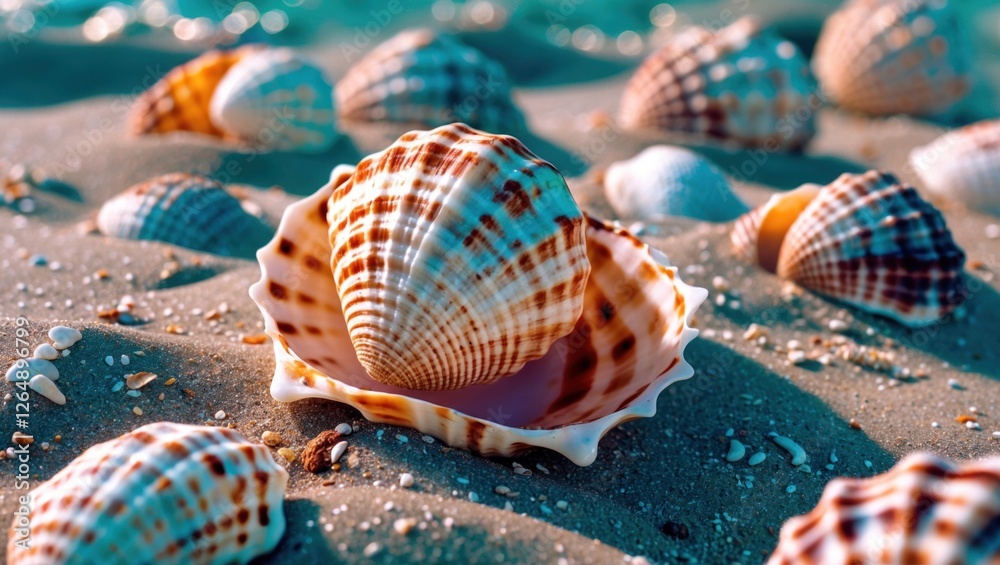 Poster detailed close-up of striped sea shells on sandy beach with shallow water in background copy space