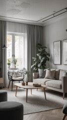Fototapeta premium Scandinavian inspired living room featuring a neutral gray couch minimalist design and contemporary decor to create an airy space Modern Interior Design Inspiration