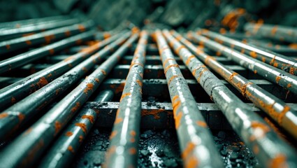 Rusty metal beams on construction site with orange paint splatters and construction debris, low angle perspective, industrial background. Copy Space