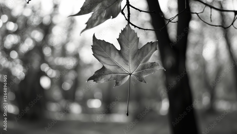 Aufkleber black and white close-up of a single maple leaf hanging on a branch with a blurred forest background