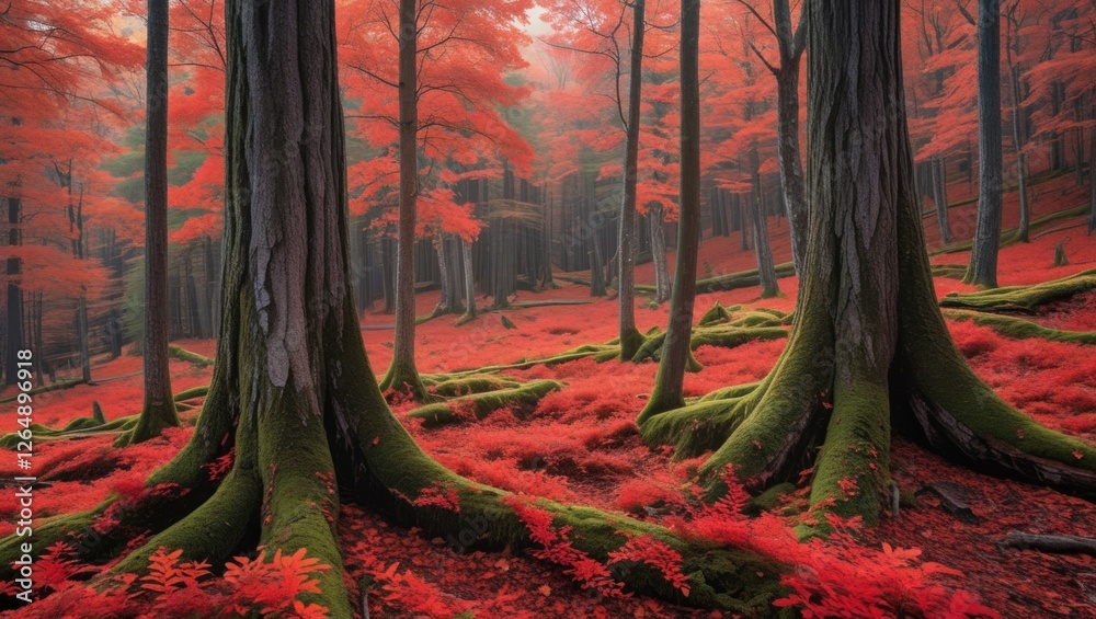 Poster Dense forest with vibrant red foliage surrounding tall trees covered in moss and a carpet of fallen leaves creating a surreal atmosphere Copy Space