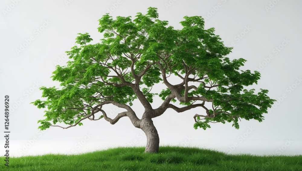 Aufkleber green leafy tree with a thick trunk on grassy ground with white background for ecological and enviro