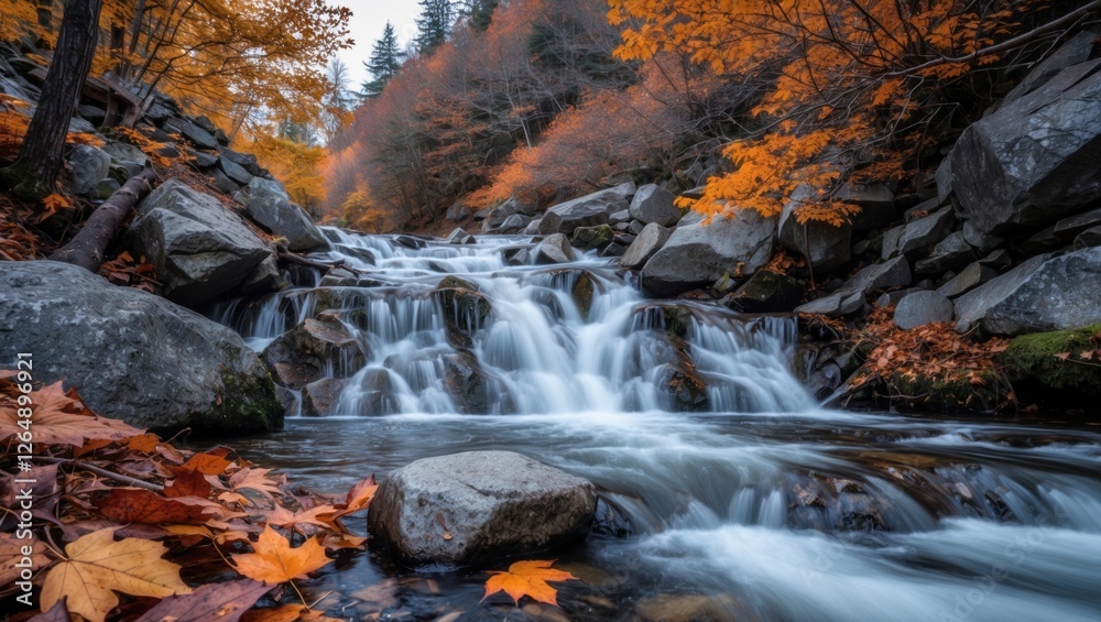 Poster waterfall cascading over rocks surrounded by autumn foliage and colorful leaves with smooth water fl
