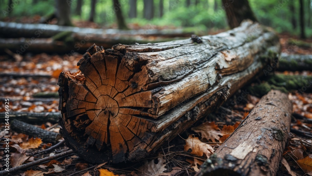 Poster close-up view of a cut tree stump in a forest surrounded by fallen leaves and logs with natural gree