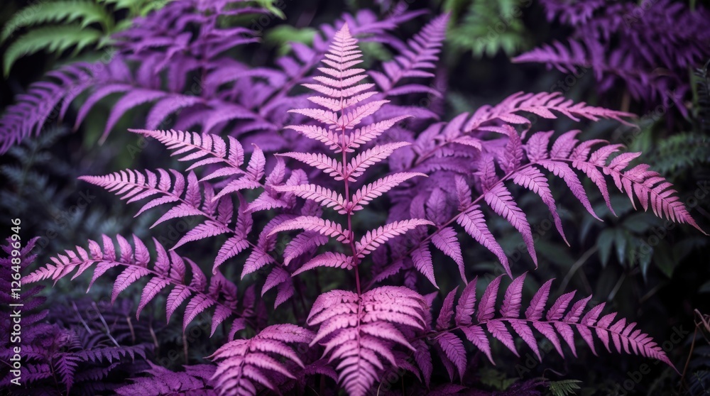 Aufkleber vibrant purple fern leaves in a lush green background with detailed texture and patterns copy space