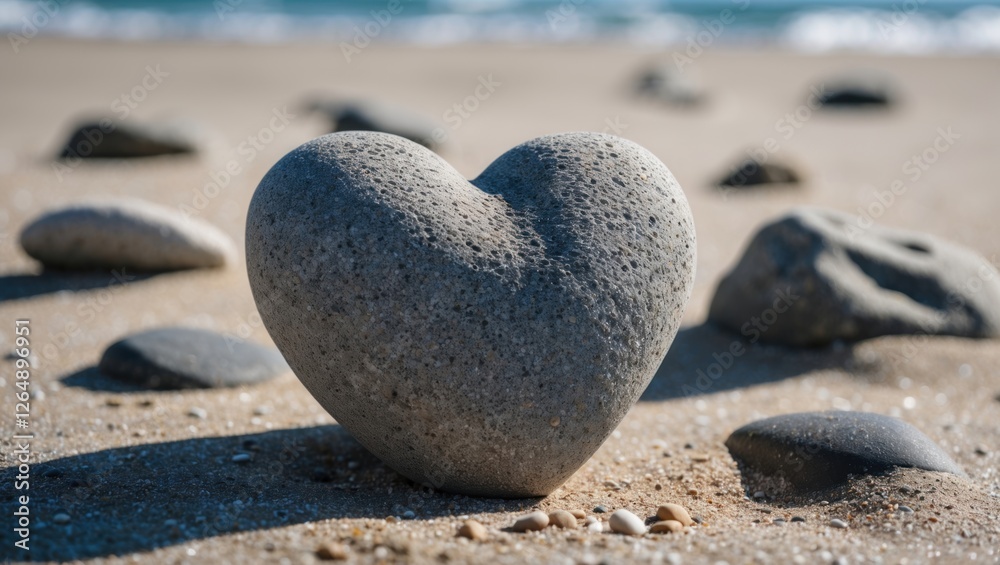 Aufkleber heart-shaped stone on sandy beach with scattered pebbles in the background near the ocean water copy