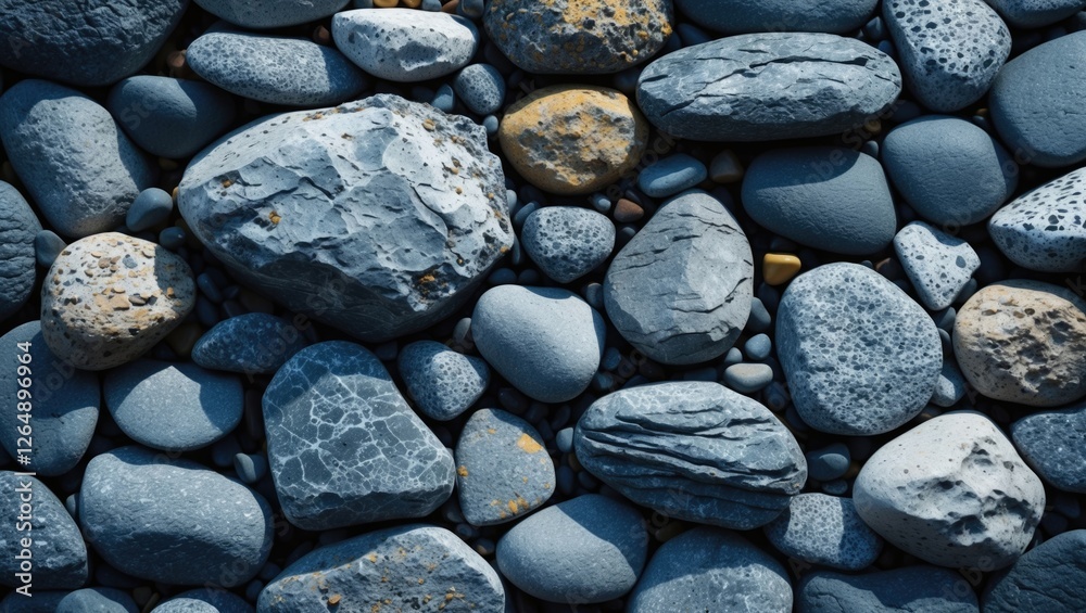 Poster Collection of various shaped and colored smooth pebbles on a flat surface with shadows and textures Copy Space
