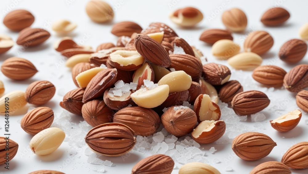Poster Assorted nuts with shells including salted kernels on a white surface Copy Space