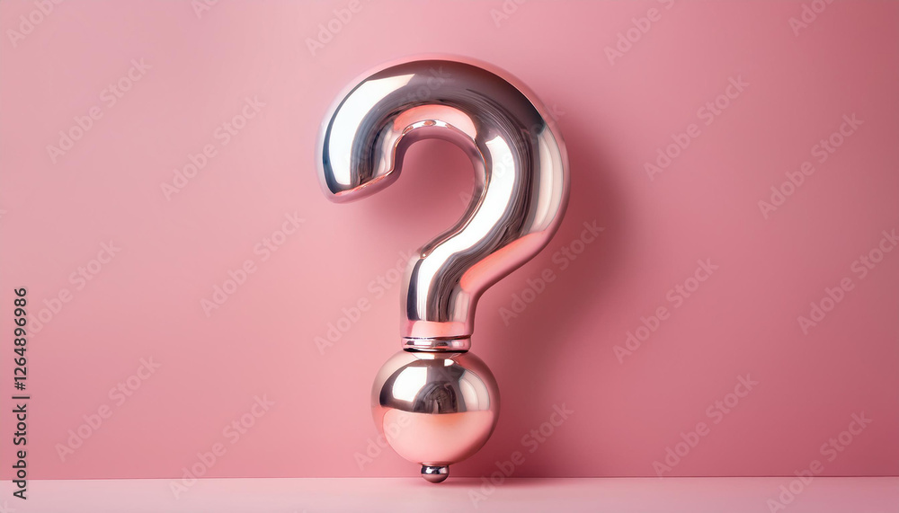 Poster shiny silver or chrome question mark on pink background. faq and qa. problem solution.