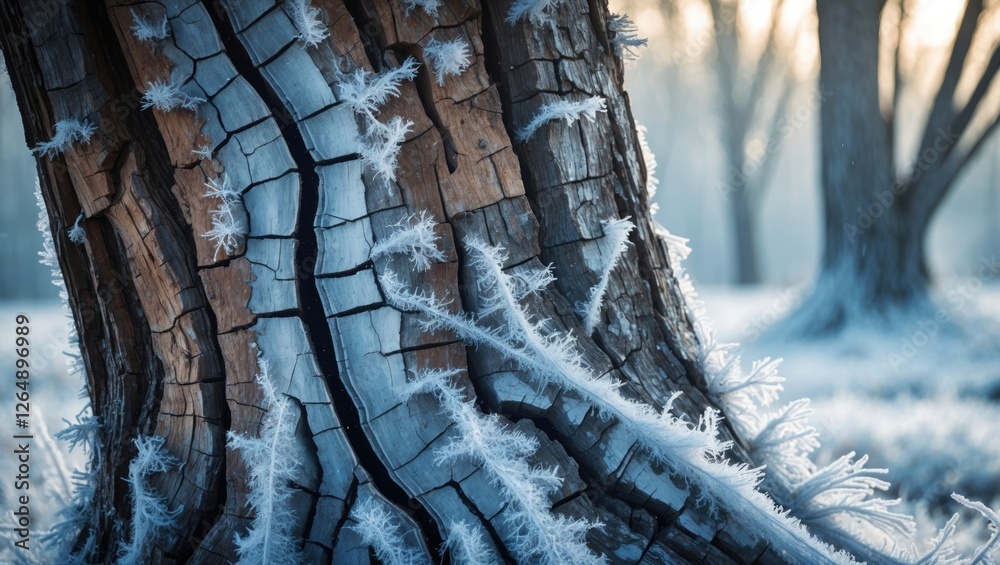 Poster Frost-covered tree trunk with intricate patterns and textures in a winter landscape with soft natural lighting and blurred background
