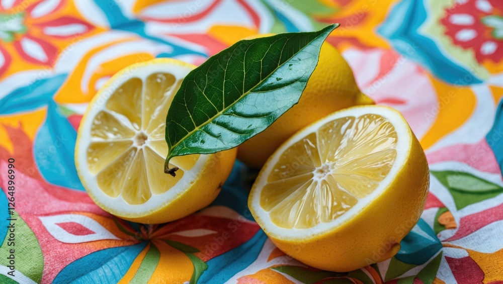 Poster fresh cut lemons with a green leaf on colorful floral background with ample copy space for text plac