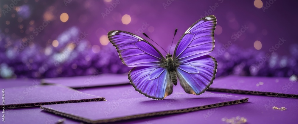 Poster purple butterfly resting on textured cardboards with bokeh background and vibrant purple tones, idea