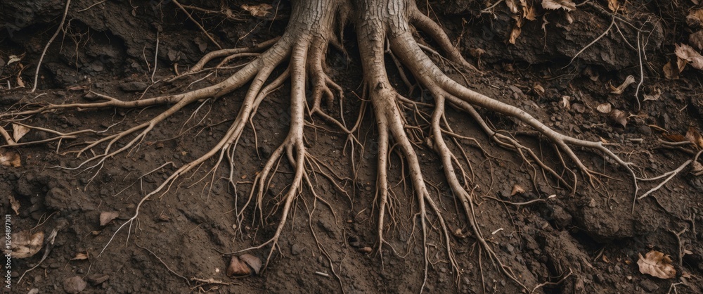 Poster Tree roots extending into dark soil with fallen leaves, close-up view, nature background, Copy Space available