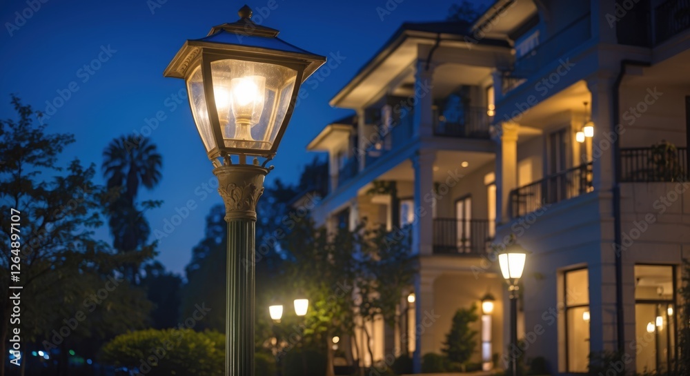 Poster street lamp illuminating a residential building during nighttime with trees in foreground and warm l