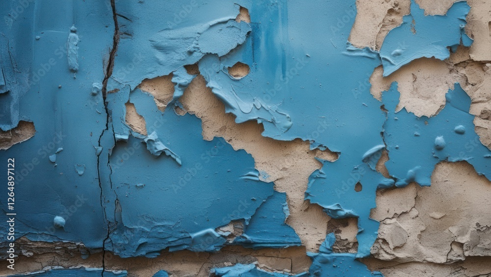 Aufkleber Blue peeling paint on a concrete wall creating a textured surface with cracks and layers showcasing deterioration and age Copy Space