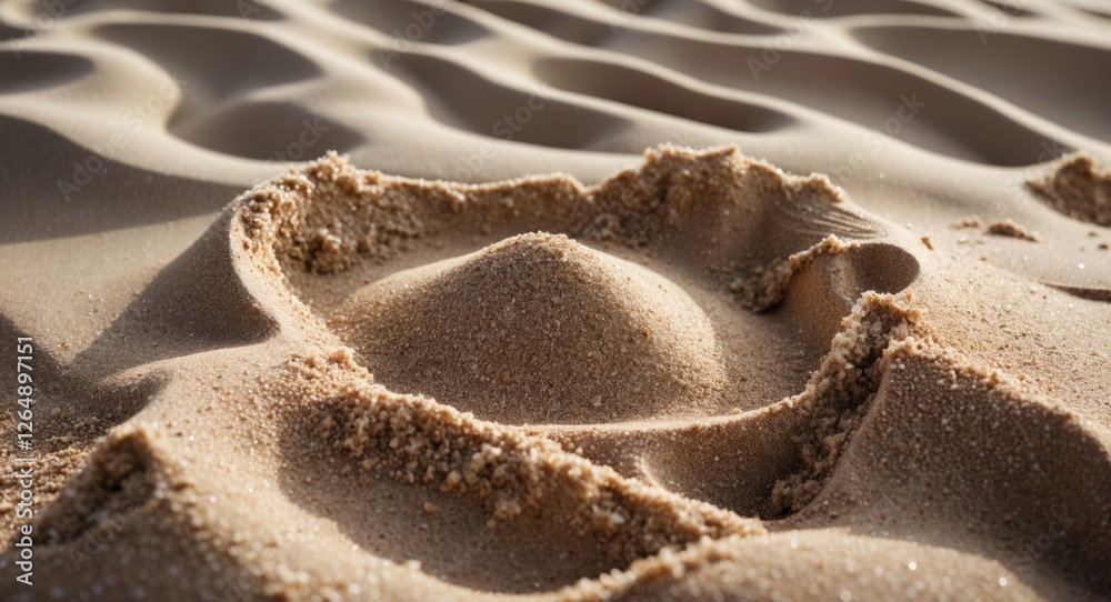 Poster sand dunes with textured patterns and slight elevation, warm golden tones in sunlight, nature abstra