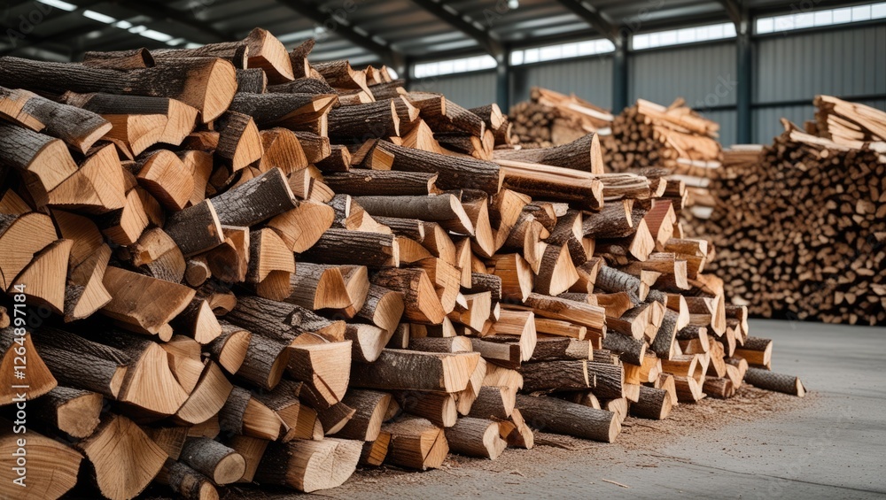 Poster wood logs stacked in warehouse interior with organized piles and ample space for text placement copy