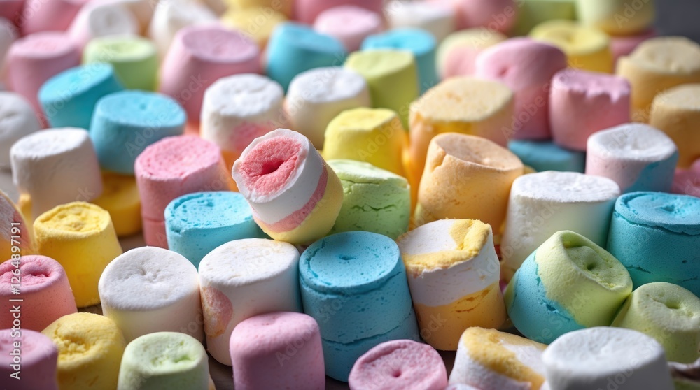 Poster colorful marshmallow candies scattered on a surface with various pastel colors and different shapes 