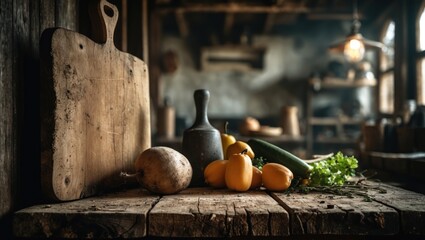 Rustic kitchen scene with wooden cutting board, vintage kitchen utensils and fresh vegetables on a weathered wooden table with copy space