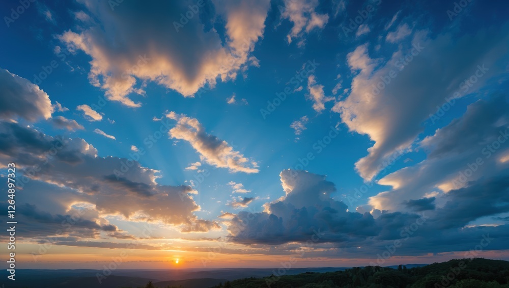 Poster sunset over a mountainous landscape with dramatic clouds and sky colors featuring rays of light copy