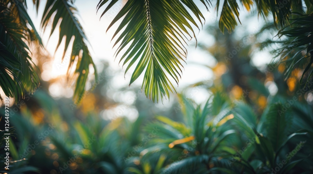 Poster tropical palm leaves with sunlight filtering through foliage in a lush green setting with copy space