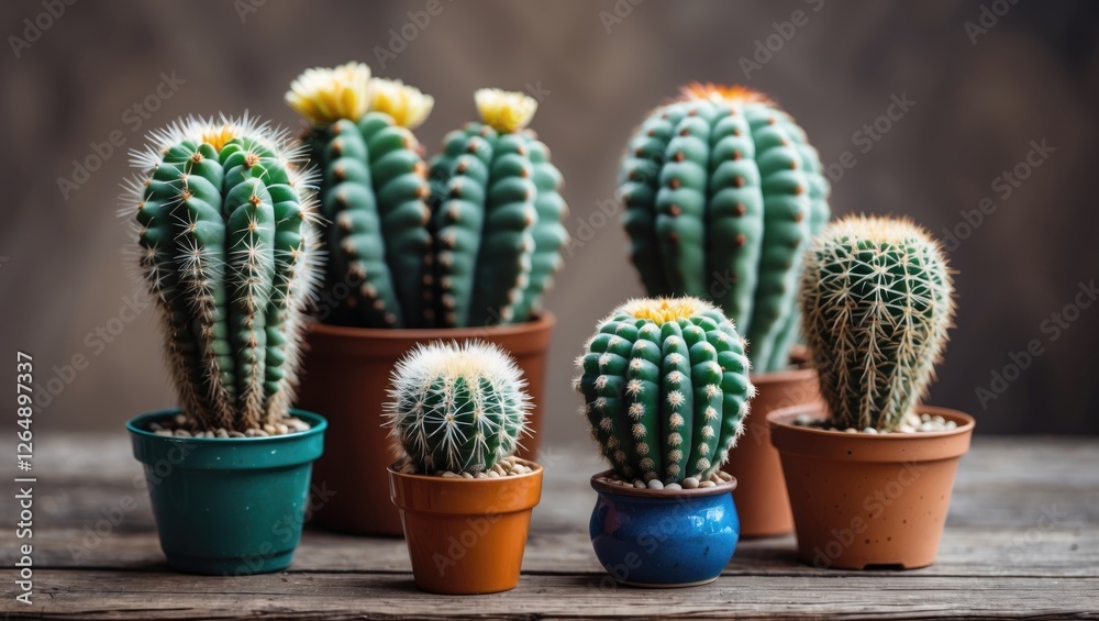 Poster Variety of Cacti in Pots Displayed on Wooden Surface with Natural Lighting and Textured Background Copy Space