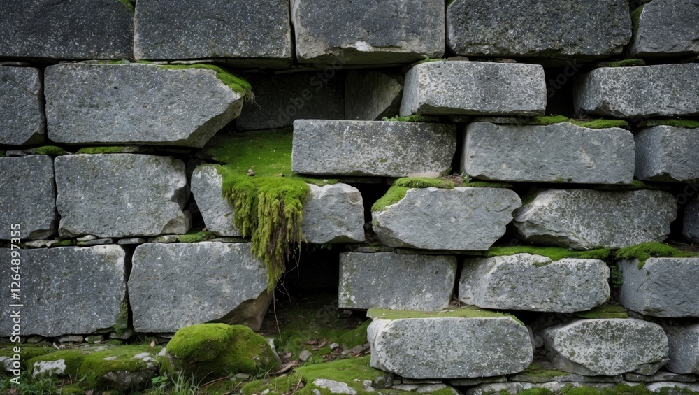 Poster Moss covered stone wall with uneven bricks and gaps showing greenery in between for natural texture and background, Copy Space