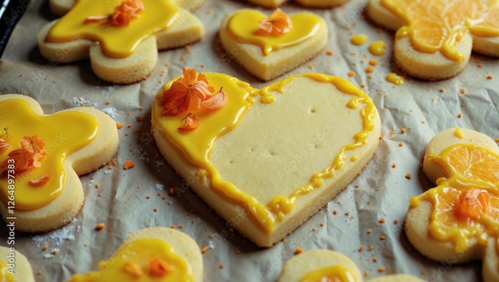 Poster decorated sugar cookies with yellow icing and edible flowers on parchment paper background with copy