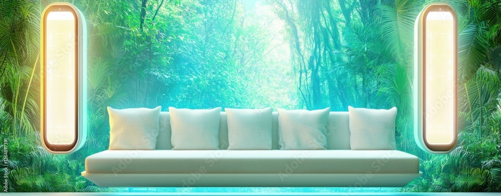 Poster modern sofa in lush tropical setting with soft lighting and vibrant green background