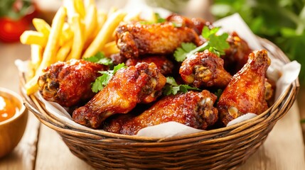 Savory fried chicken wings with fries