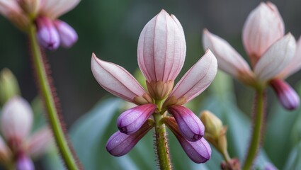 Fototapeta premium Close-up of delicate pink and purple flower buds on a blurred green background with Copy Space